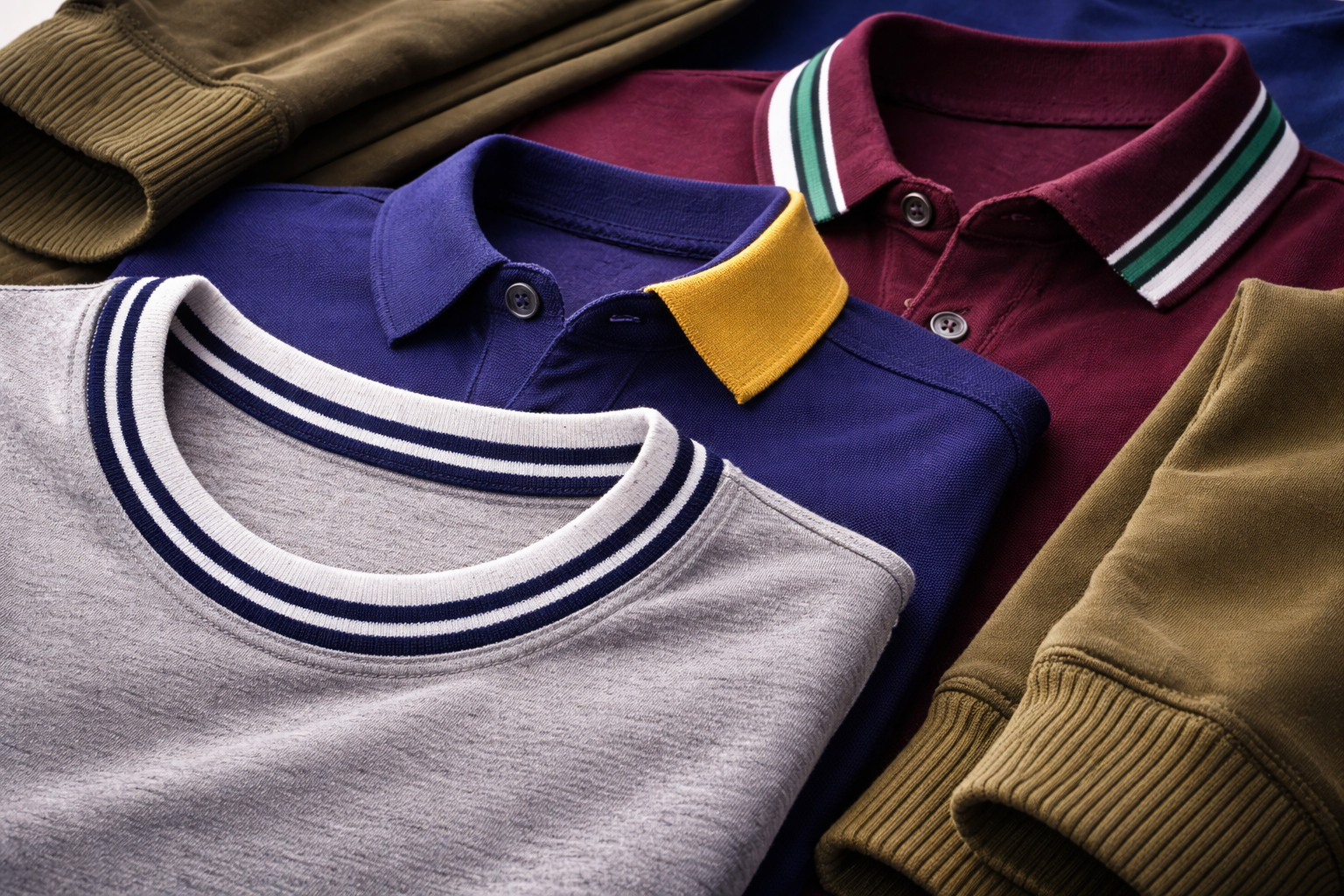 Casual wear trims: rib knit cuffs, polo collars, knit bands and twill tape