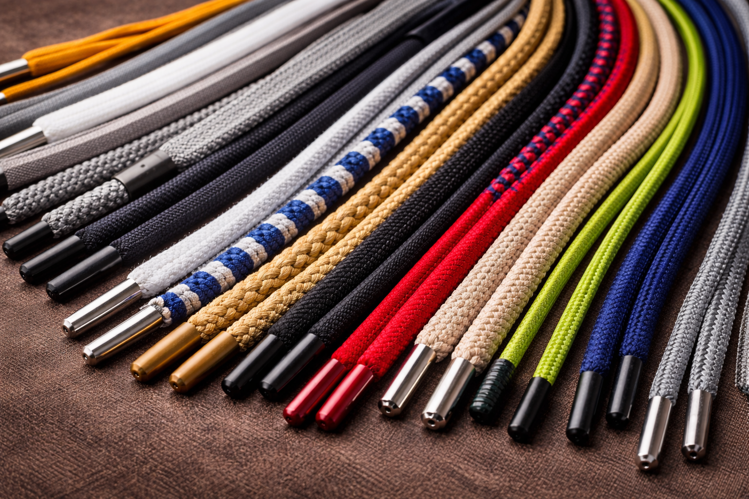 Drawcords and laces: flat hoodie drawstrings, tubular cords, braided shoelaces with aglets