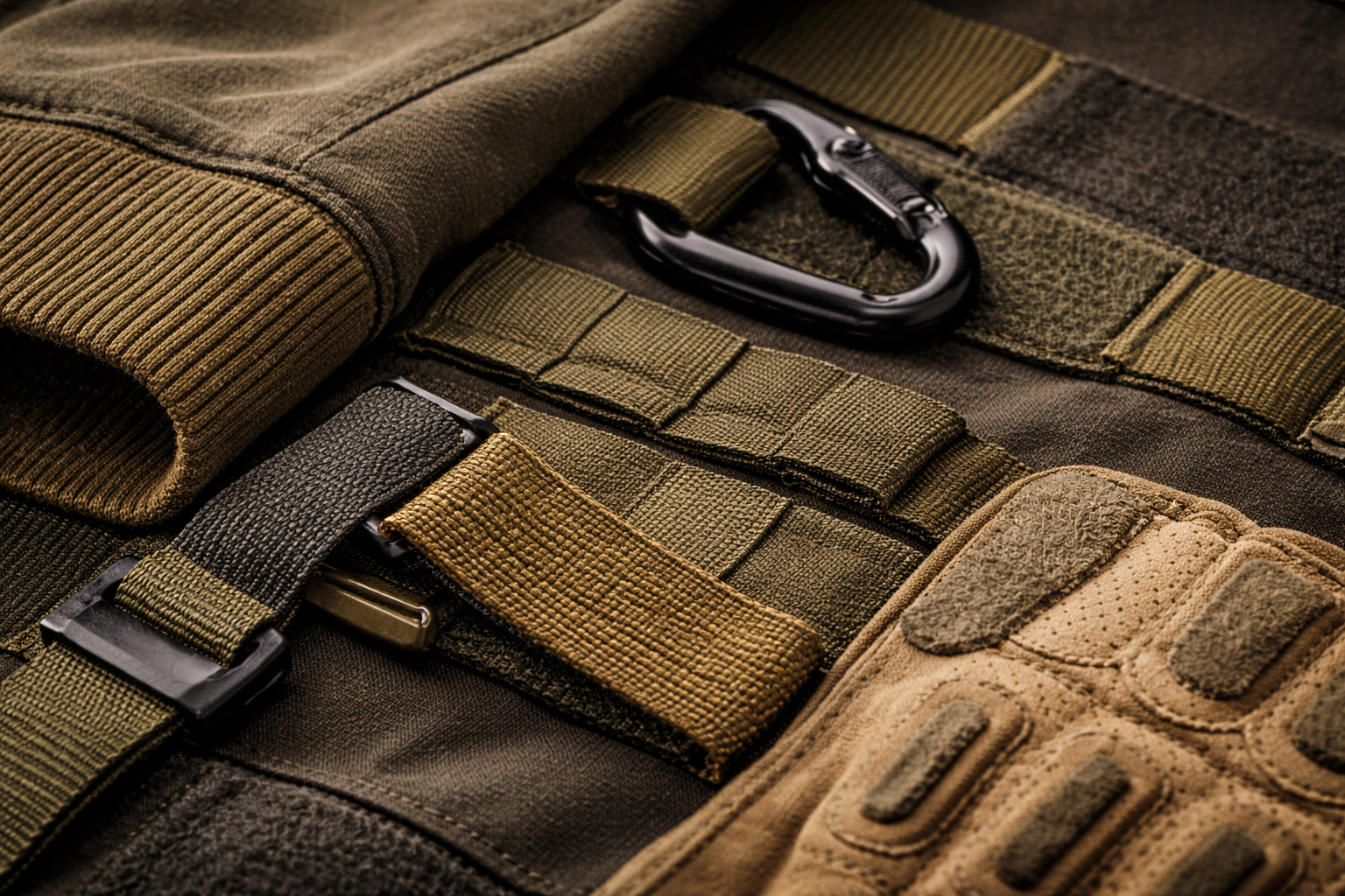 Military and technical trims: reinforced rib cuffs, technical elastic bands and workwear trims